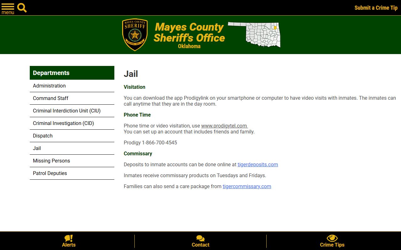 Mayes County Detention Center jail services page for Prodigy phone video and Tiger commissary
