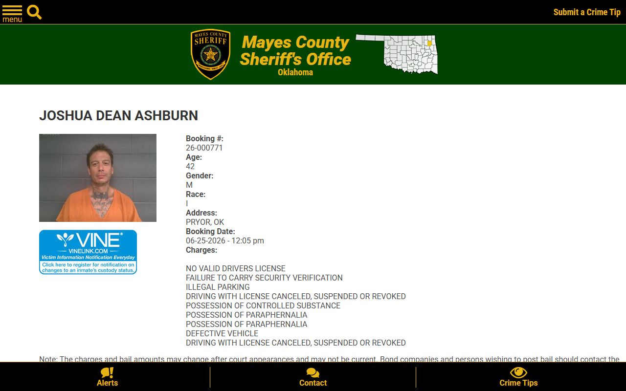 Mayes County Detention Center inmate profile with mugshot booking number charges and VINELink