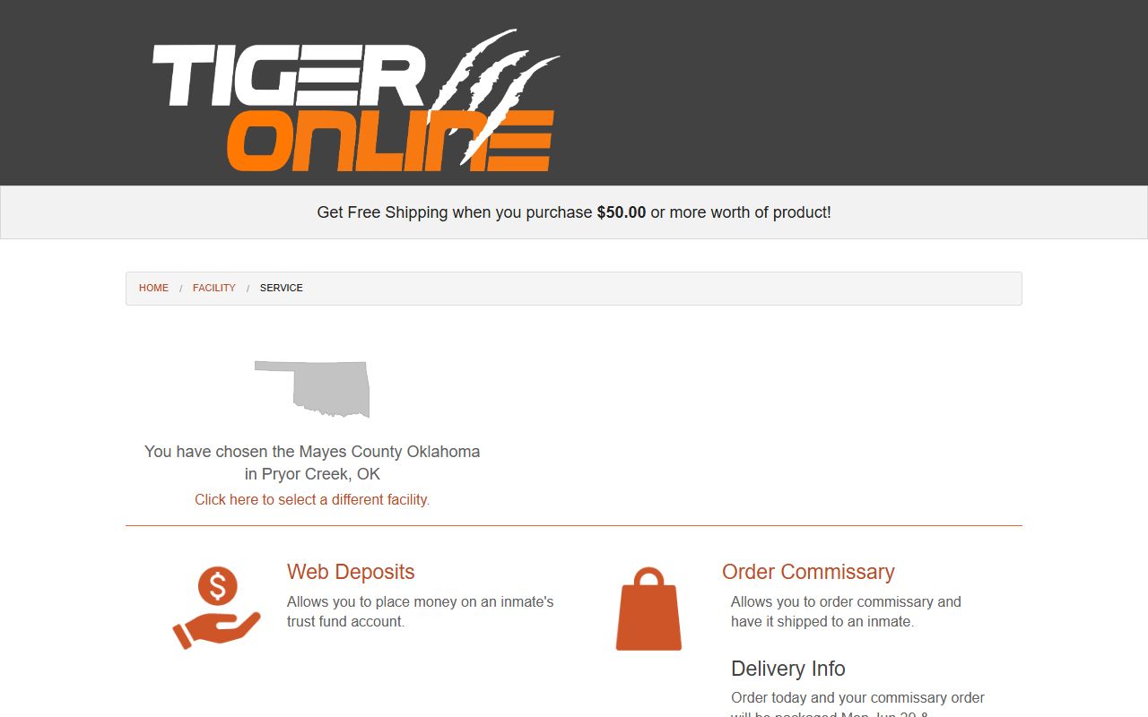 Mayes County Detention Center Tiger Commissary web deposits and commissary order services