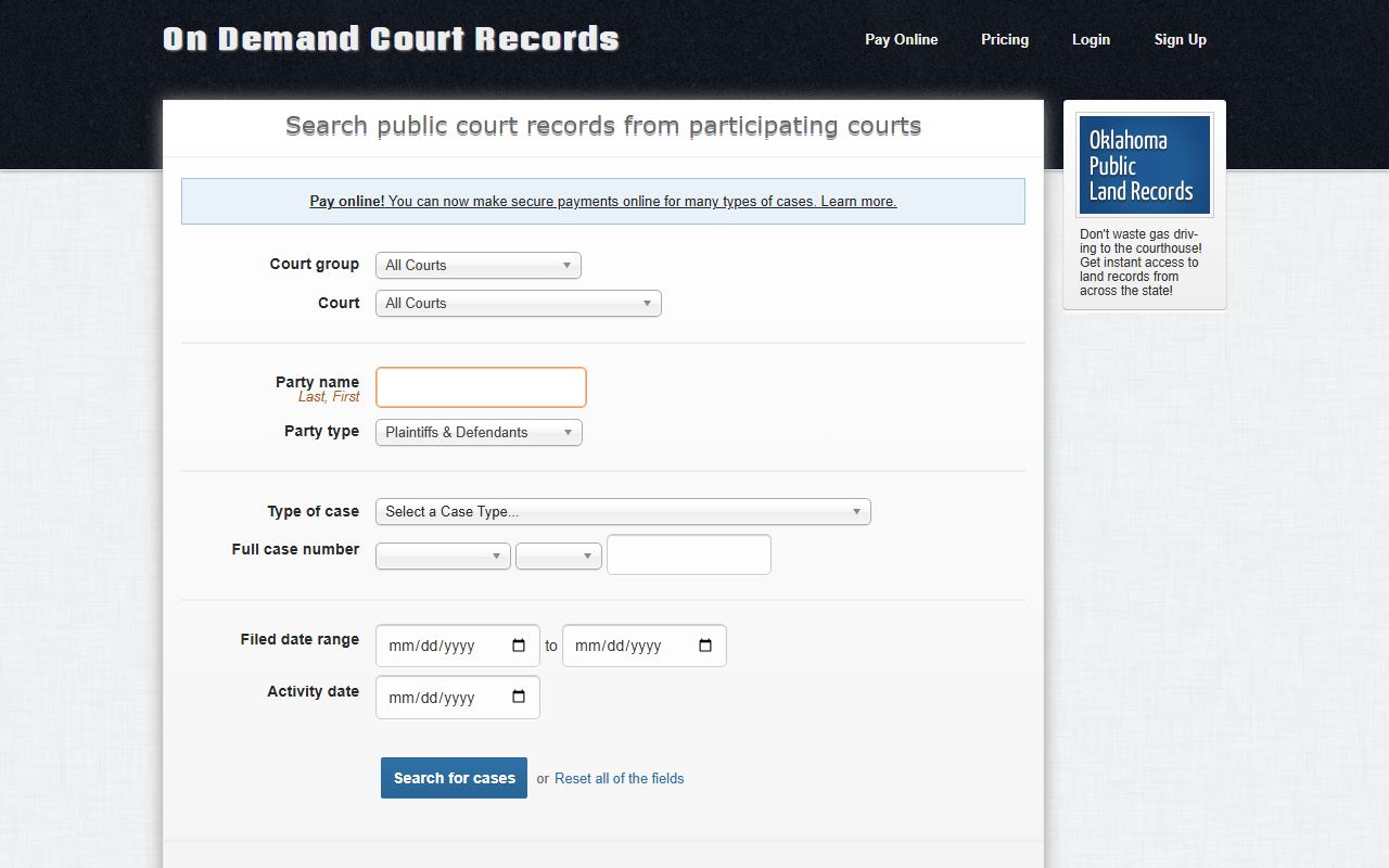 Mayes County court records after jail arrest ODCR search fields